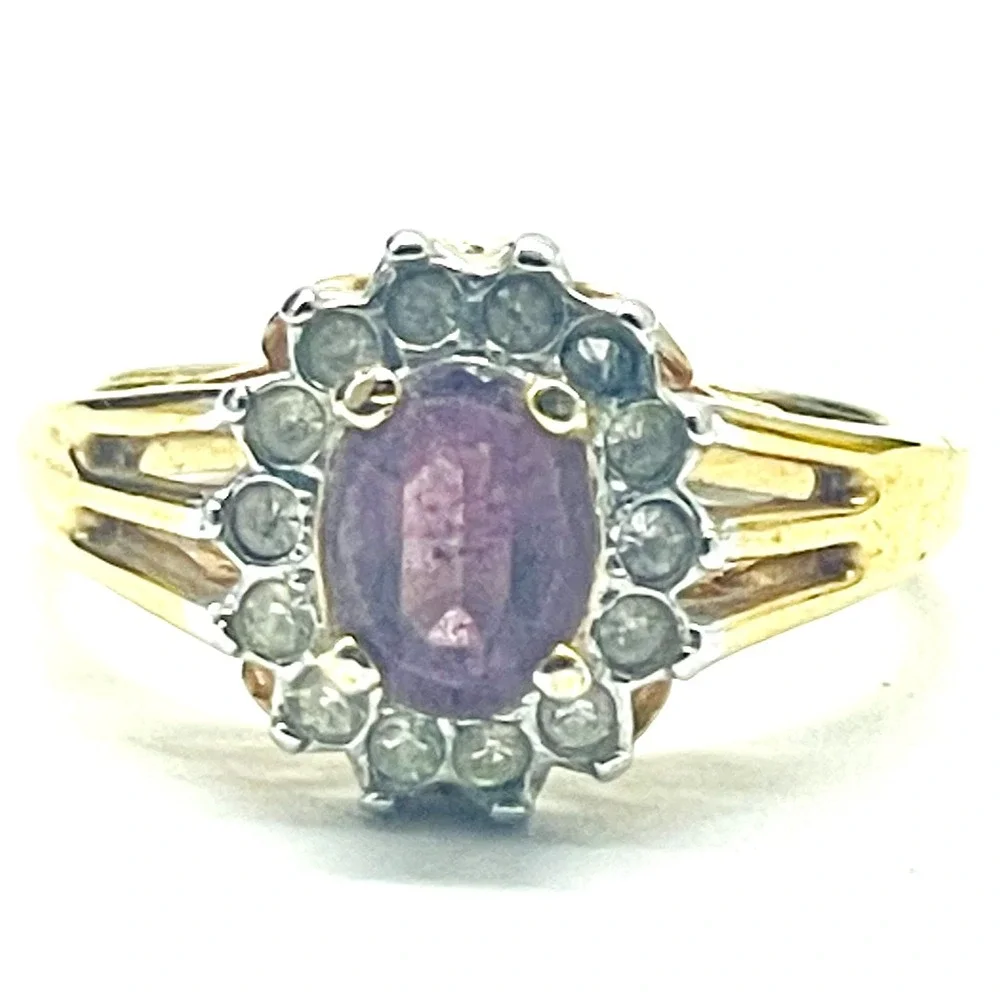 Vintage Purple Glass Halo Ring Clear Glass Gold Tone Oval Cocktail Statement